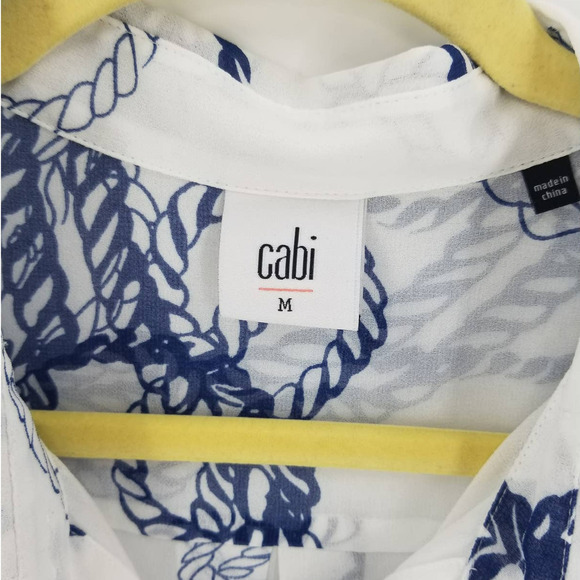 Cabi Blouse Size M Collared Short Sleeve Button Down Shirt Boating Print White - Picture 5 of 9